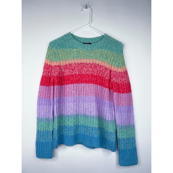 Aqua Cashmere Rainbow Stripe Sweater Crew Neck Knit Colorful Size XS - Picture 1 of 8